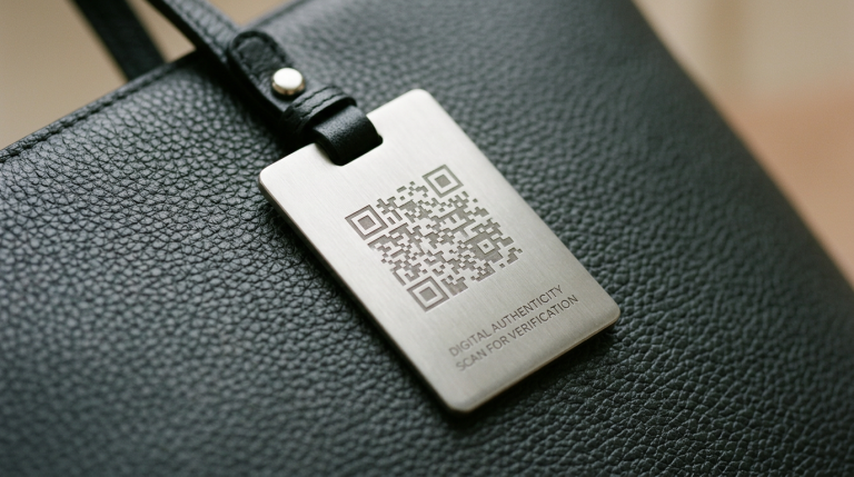 Luxury metal bag tag with a laser-engraved QR code