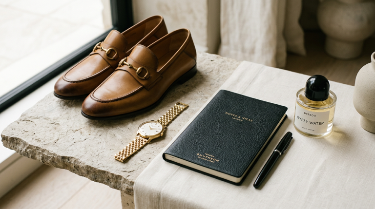 Curated arrangement of luxury fashion items: loafers, watch, notebook, and perfume