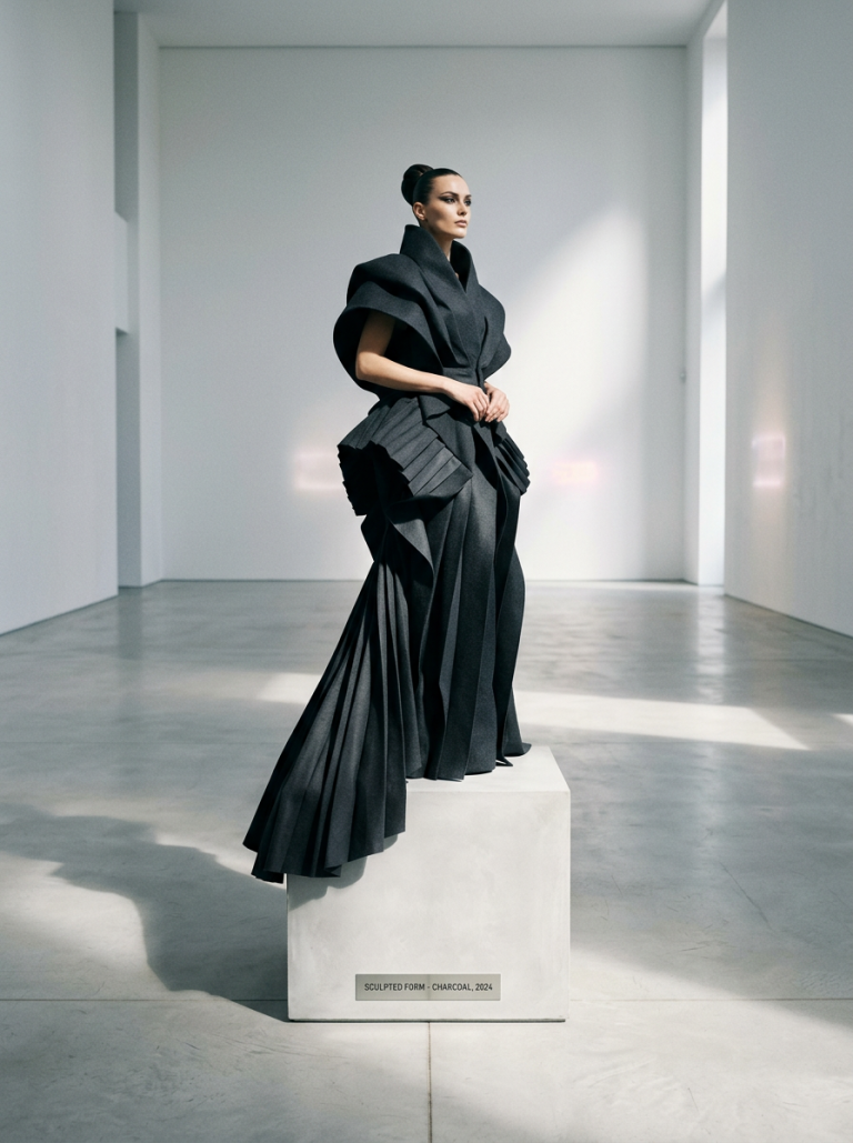 Model on a minimalist plinth in an empty gallery space representing fashion as art