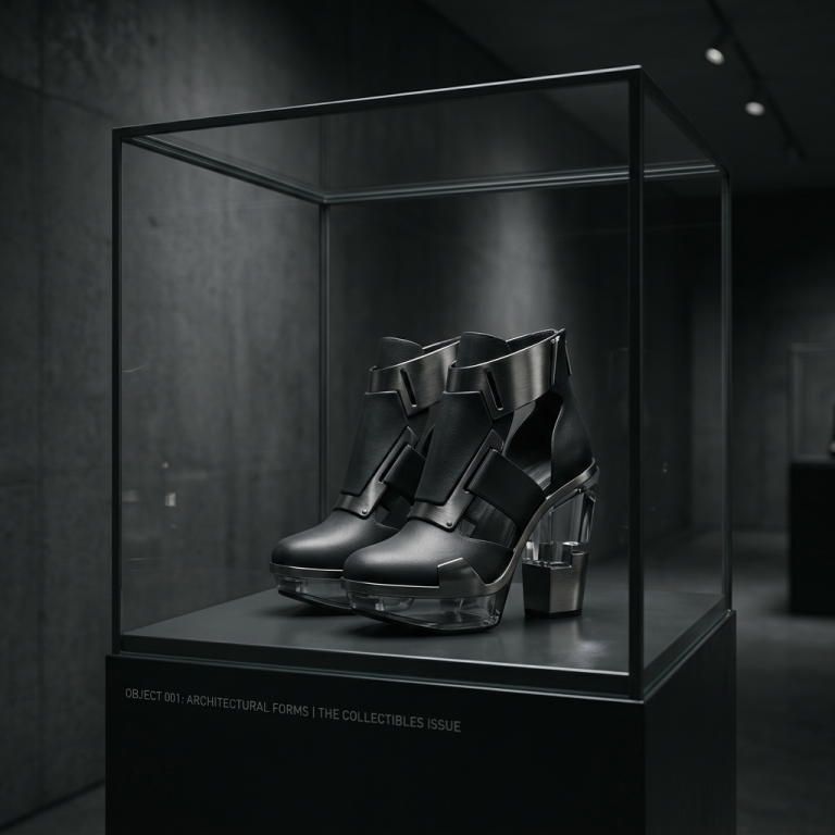 Rare architectural designer shoes in a minimalist glass case in a museum-like setting