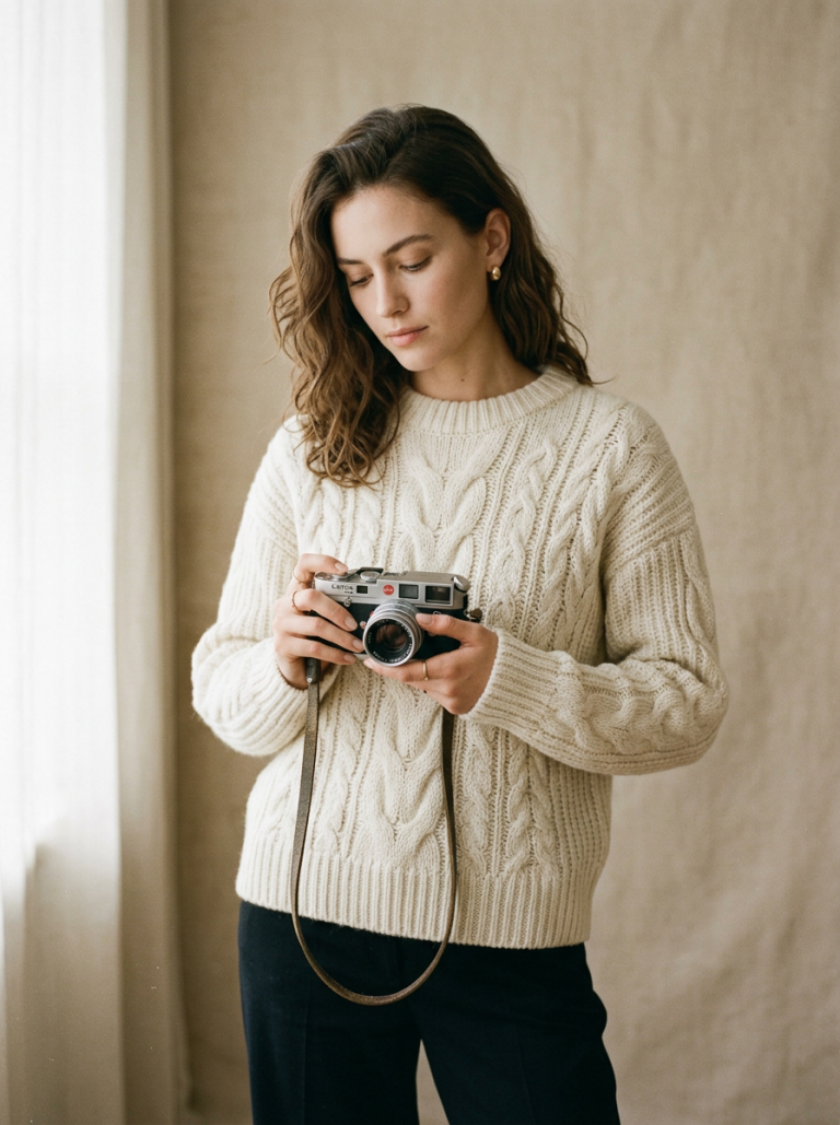 Model with a vintage analog camera in a minimalist setting representing post-digital nostalgia