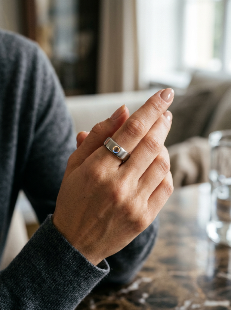 Close-up of a minimalist smart ring with a subtle glowing light
