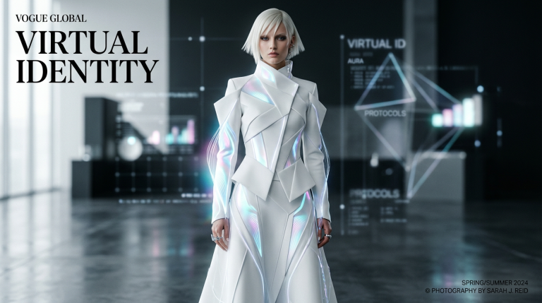 Model in sleek architectural white outfit with glowing holographic elements representing virtual identity